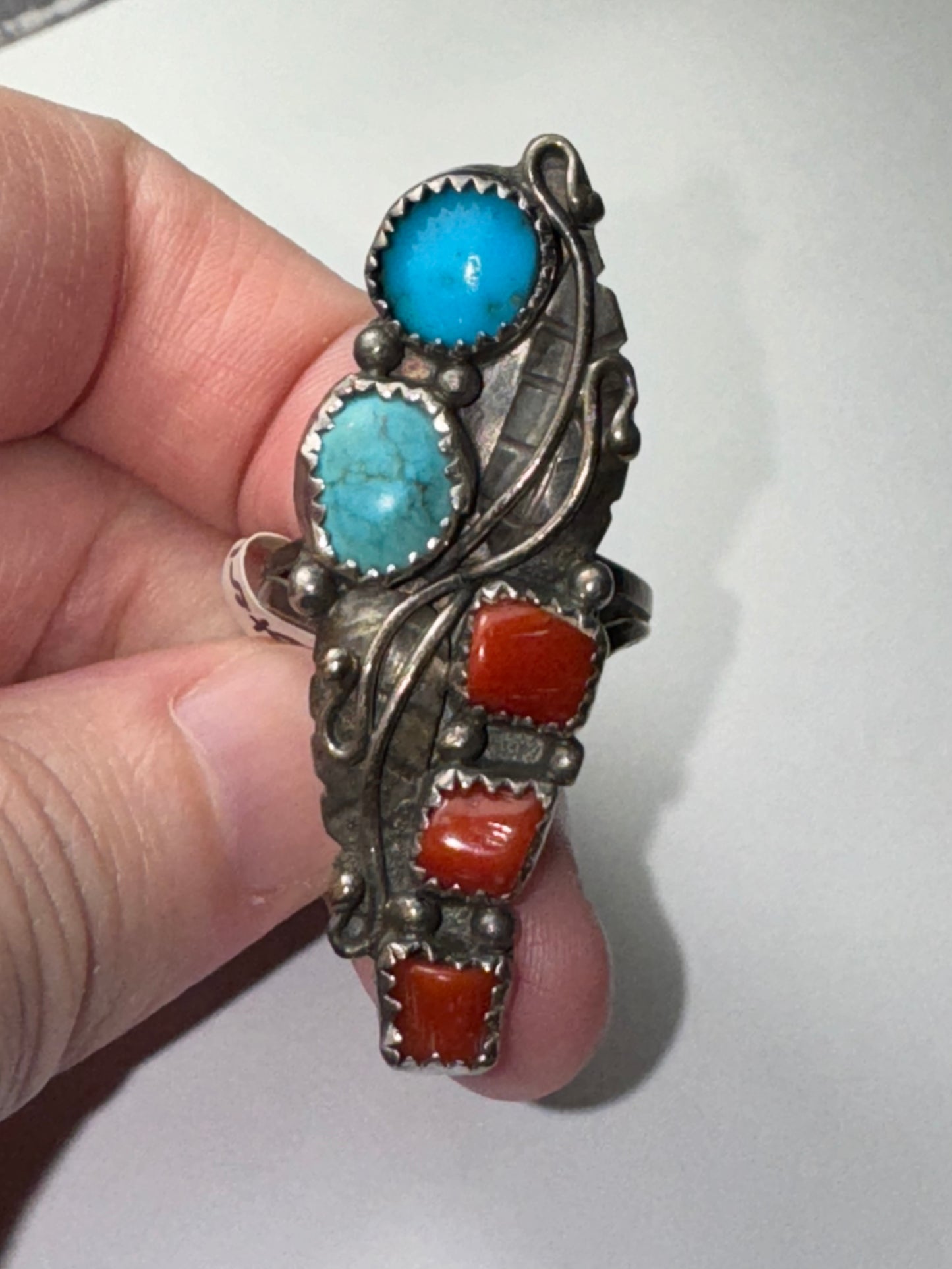 Sterling Silver Turquoise And Coral Ring, Size 9