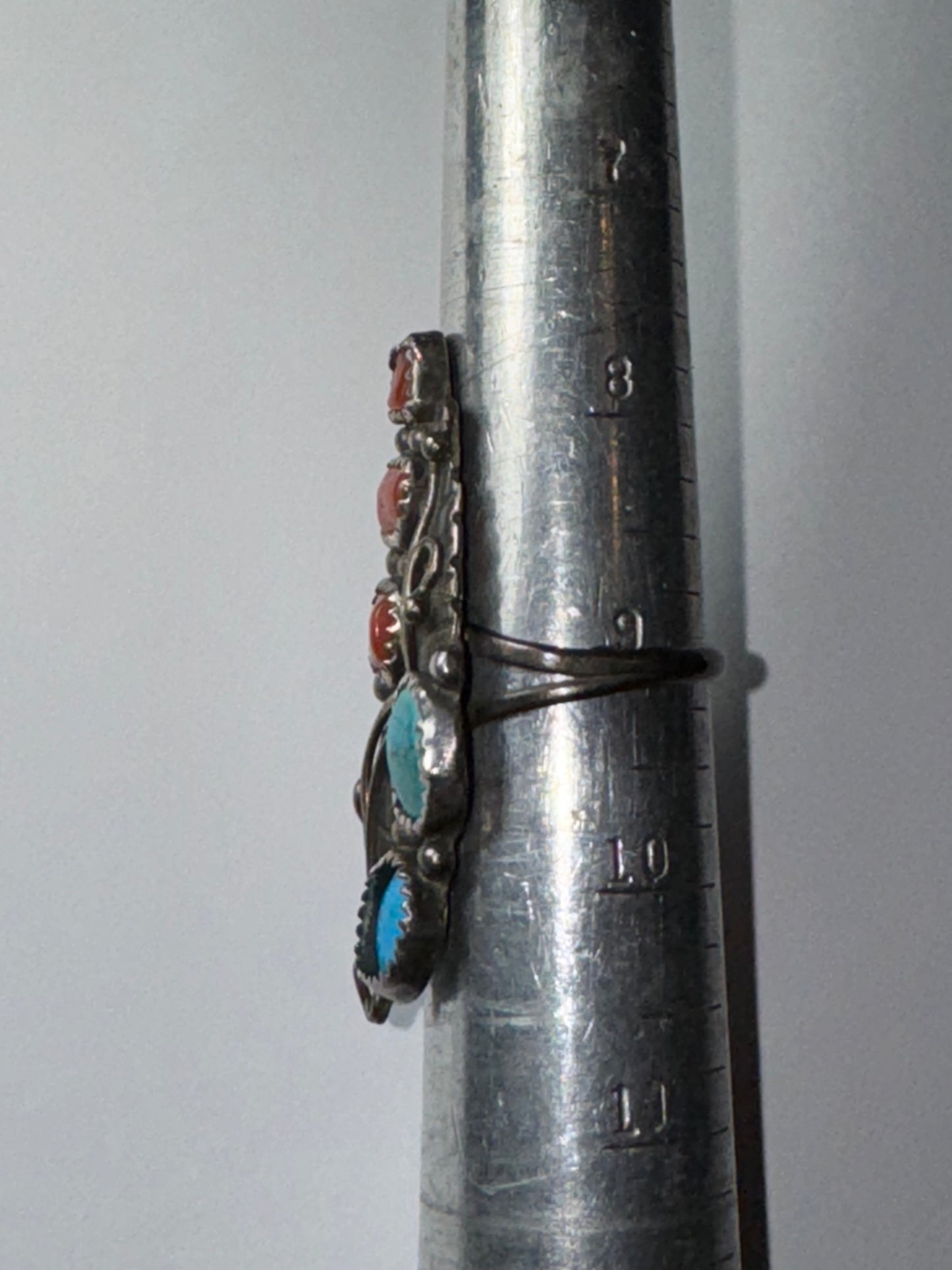 Sterling Silver Turquoise And Coral Ring, Size 9
