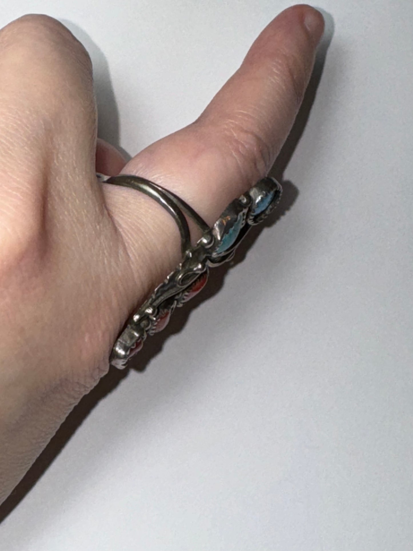 Sterling Silver Turquoise And Coral Ring, Size 9