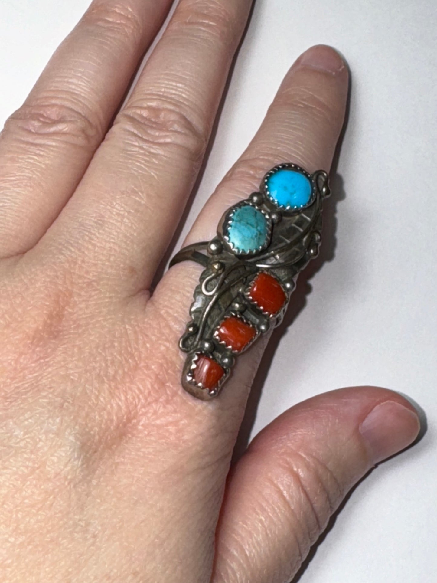 Sterling Silver Turquoise And Coral Ring, Size 9