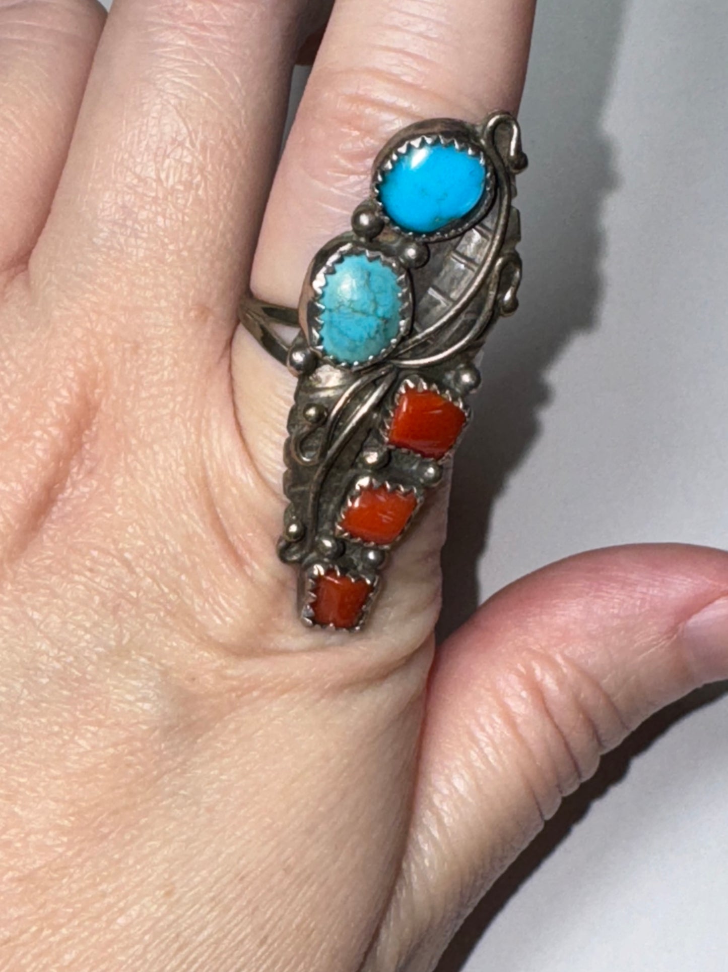 Sterling Silver Turquoise And Coral Ring, Size 9