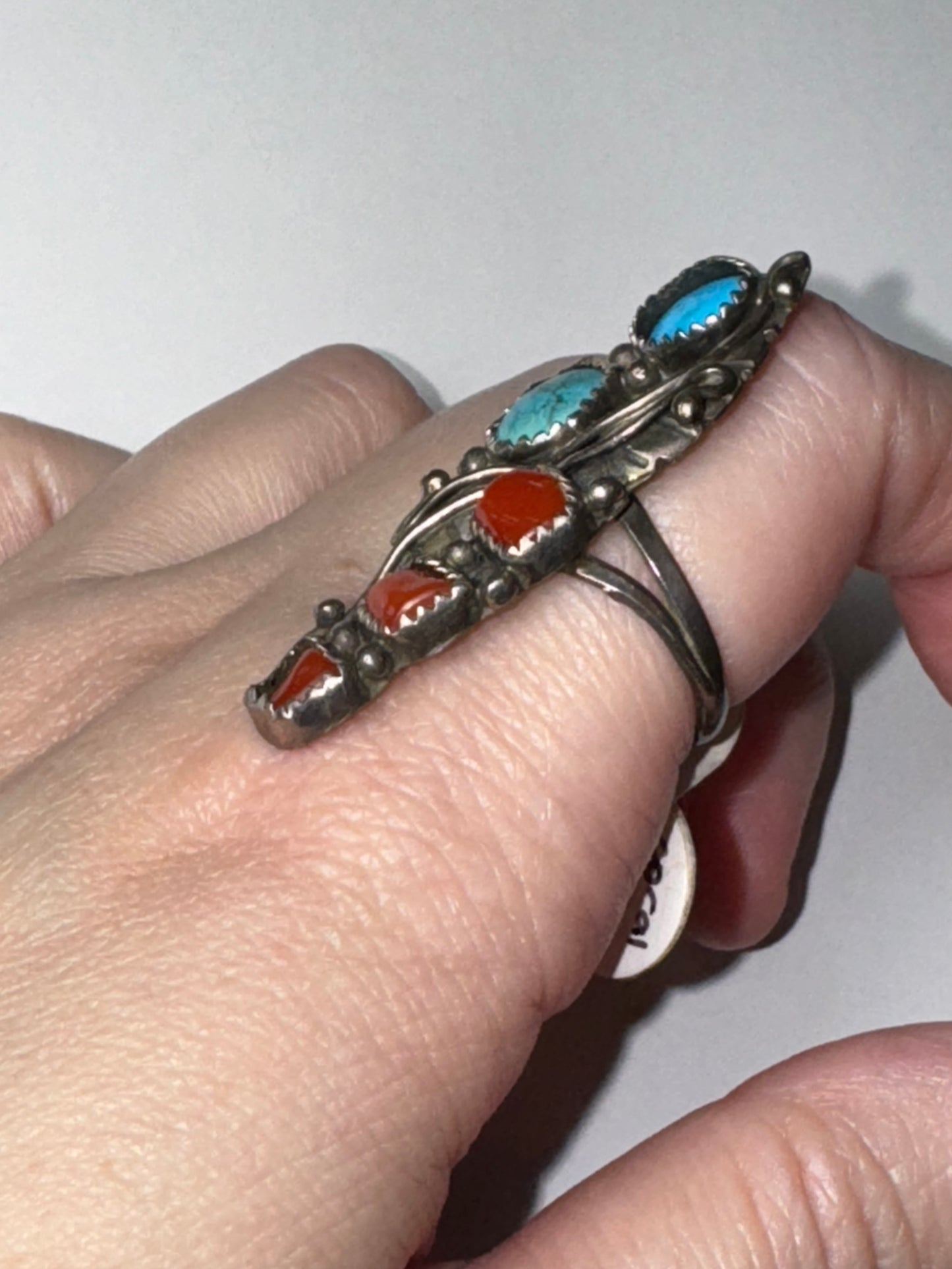 Sterling Silver Turquoise And Coral Ring, Size 9