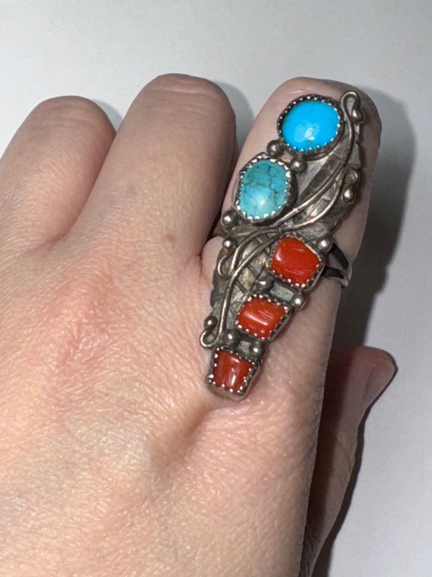 Sterling Silver Turquoise And Coral Ring, Size 9