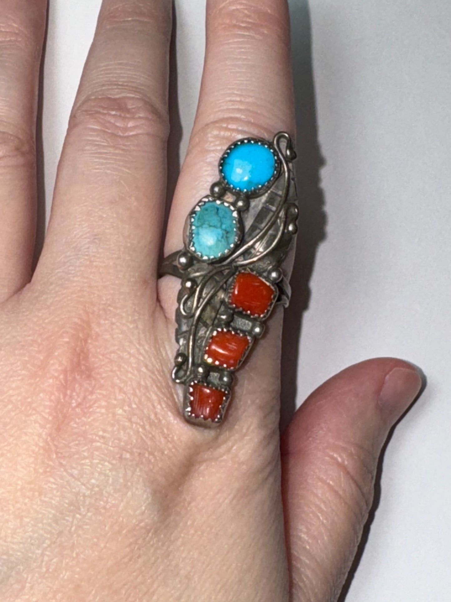 Sterling Silver Turquoise And Coral Ring, Size 9