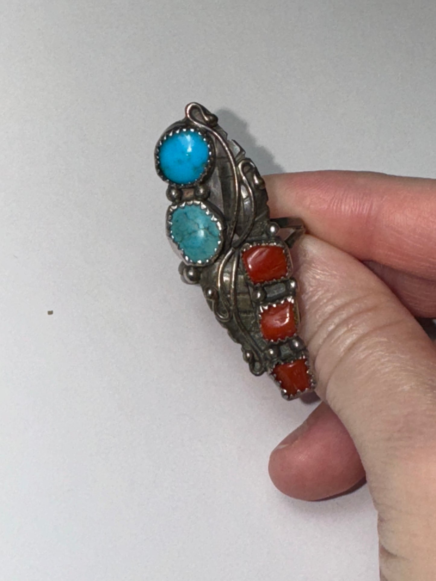 Sterling Silver Turquoise And Coral Ring, Size 9