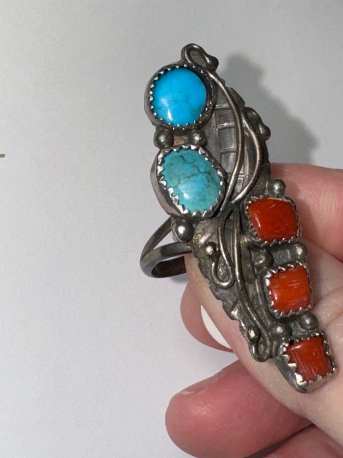 Sterling Silver Turquoise And Coral Ring, Size 9