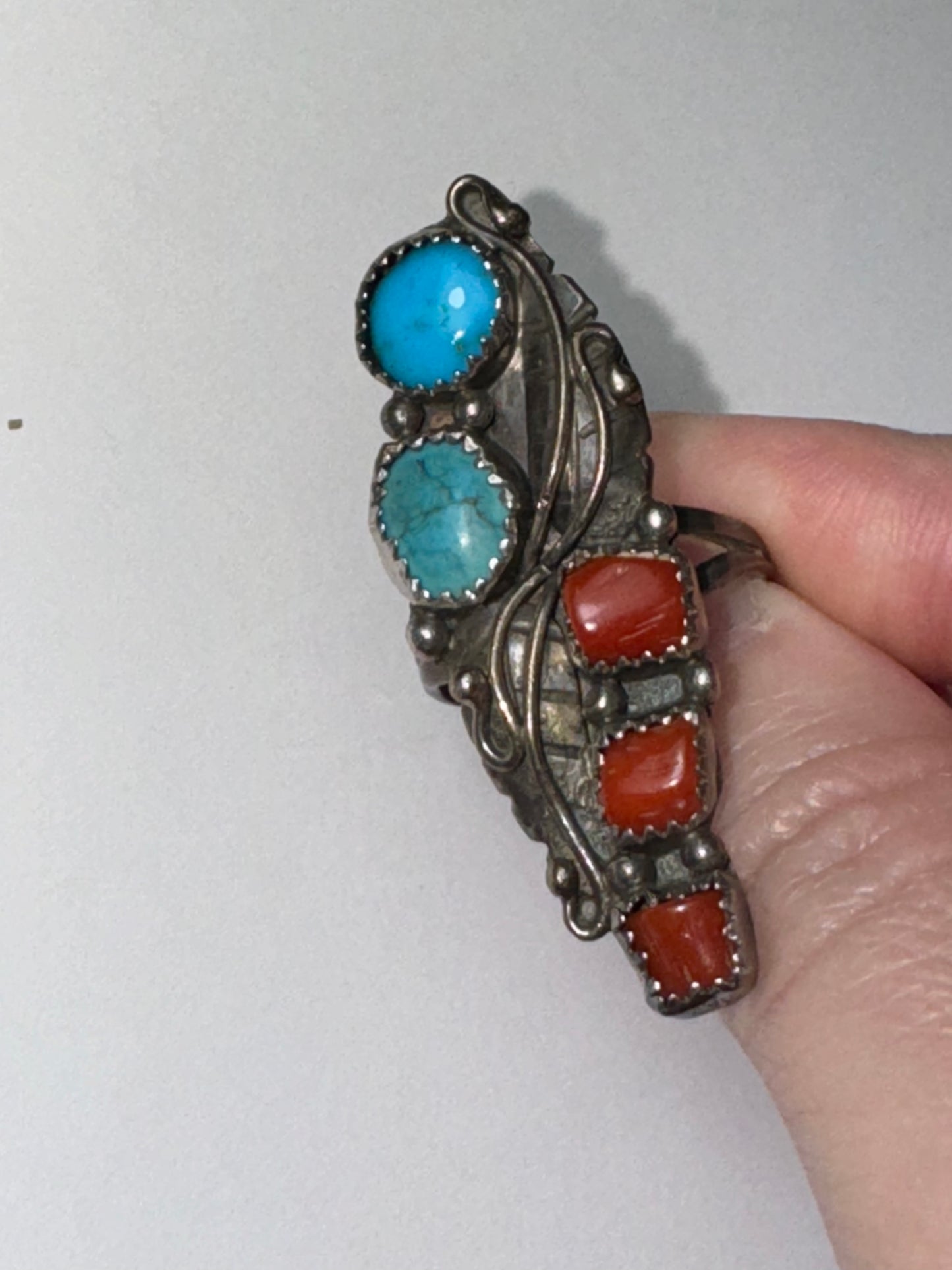 Sterling Silver Turquoise And Coral Ring, Size 9
