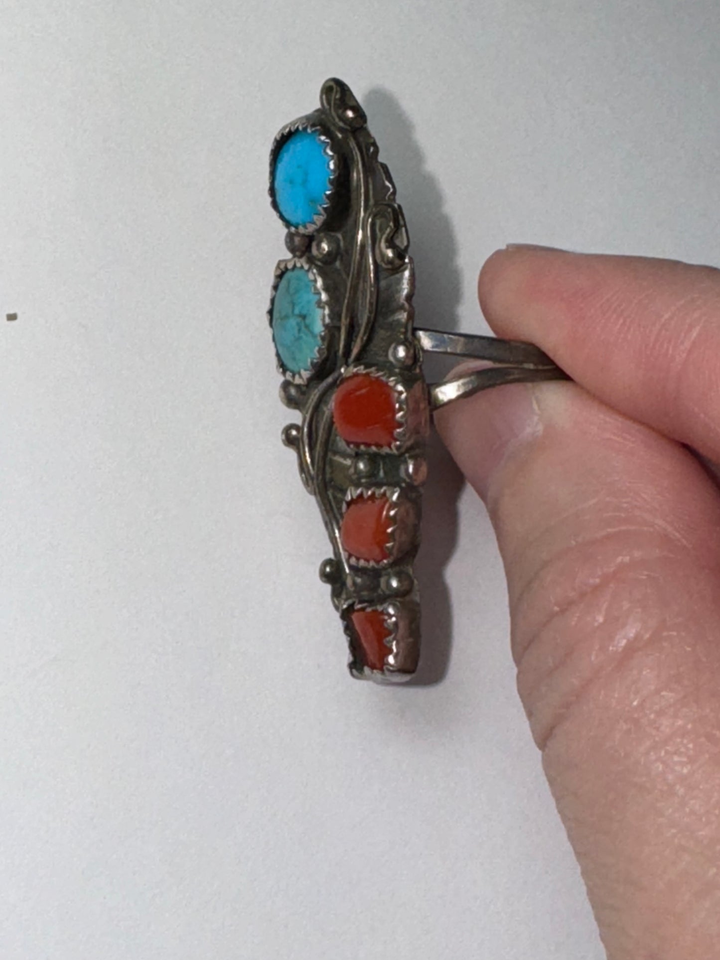 Sterling Silver Turquoise And Coral Ring, Size 9