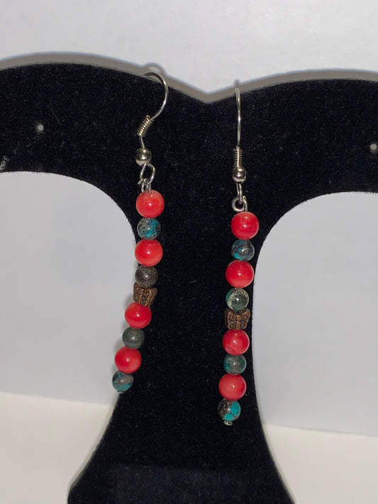 Yellow Turquoise and Red Coral Dangle Earrings