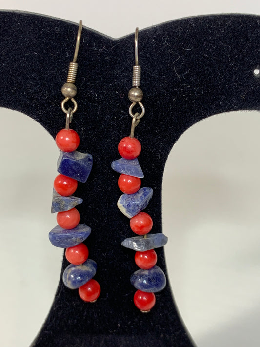 Red Coral and Sodalite Dangle Earrings
