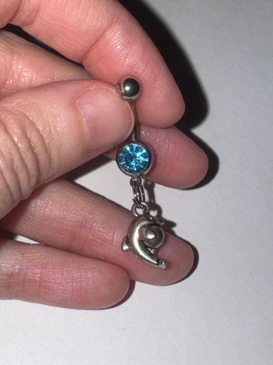 Aqua Blue Gem Dolphin with Ball Dangle Belly Ring