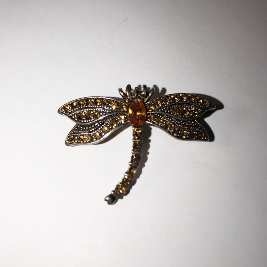 Vintage Orange Rhinestone Dragonfly Pin