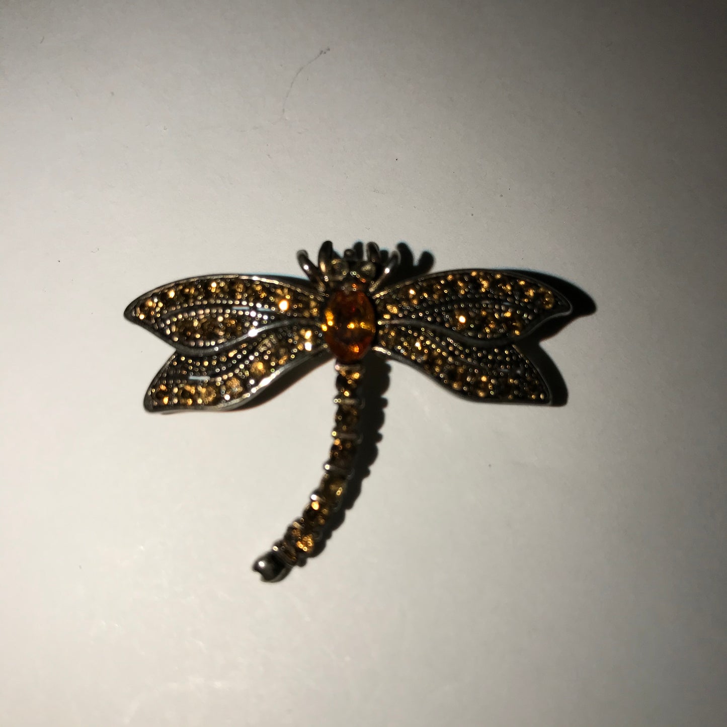 Vintage Orange Rhinestone Dragonfly Pin