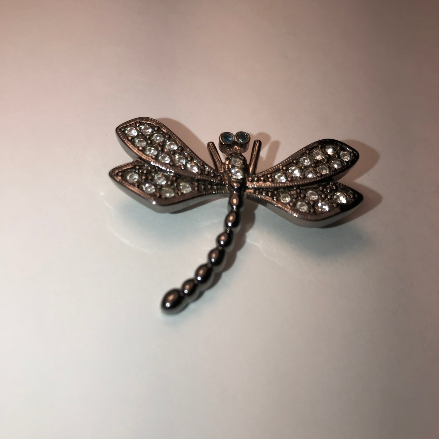 Pewter Rhinestone Dragonfly Pin, with Aqua Blue Eyes