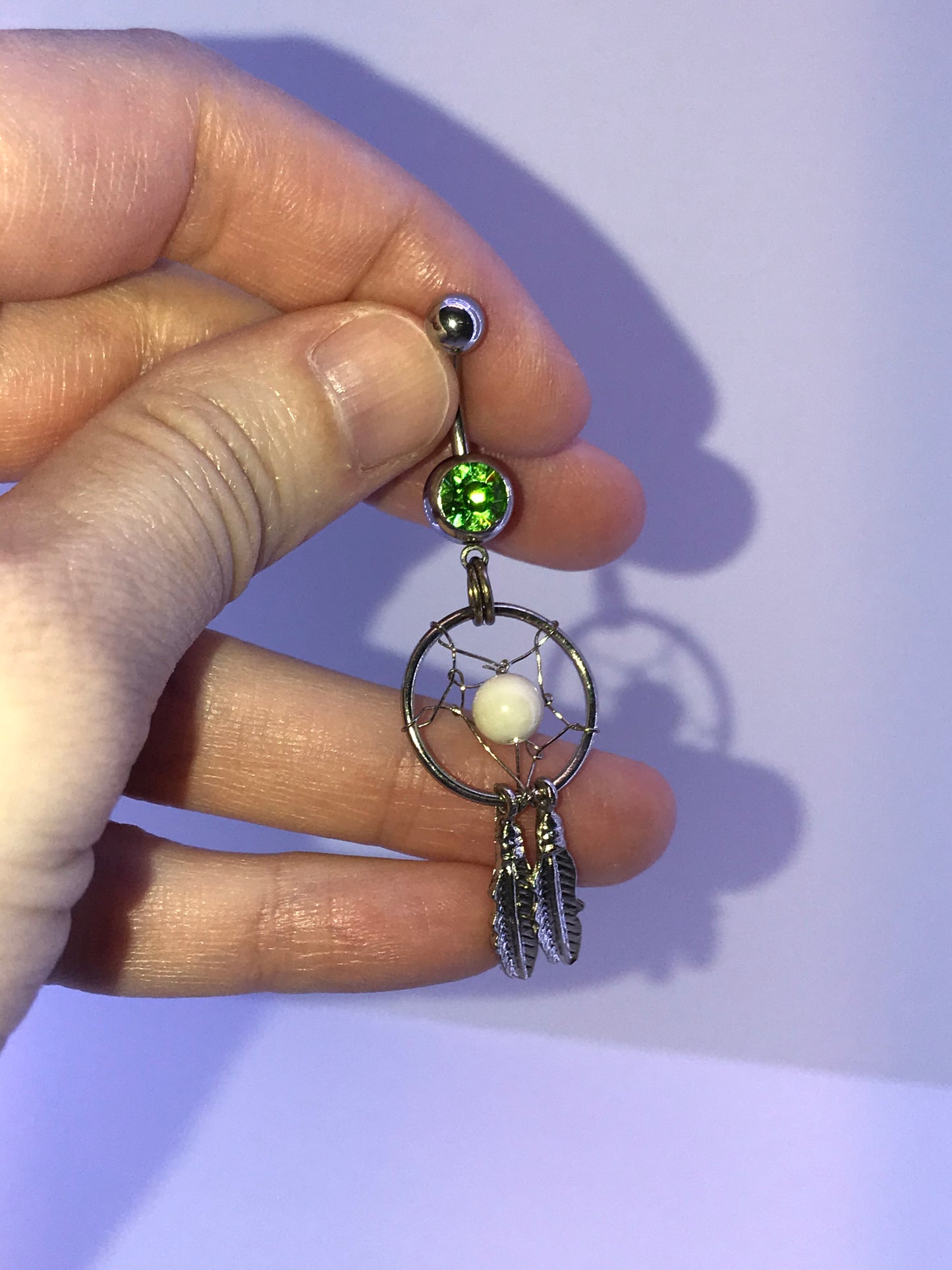 Peridot green with white bead Dream Catcher Dangle Belly Ring