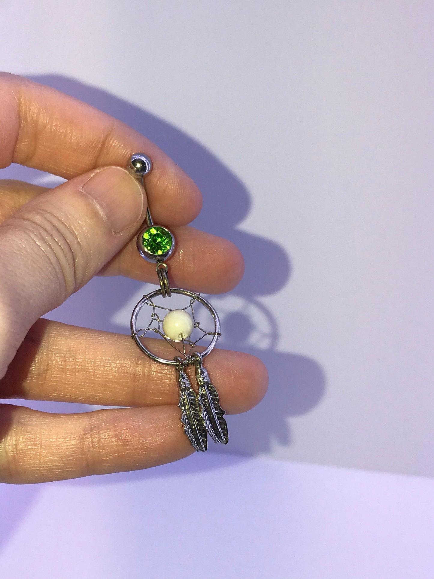 Peridot green with white bead Dream Catcher Dangle Belly Ring