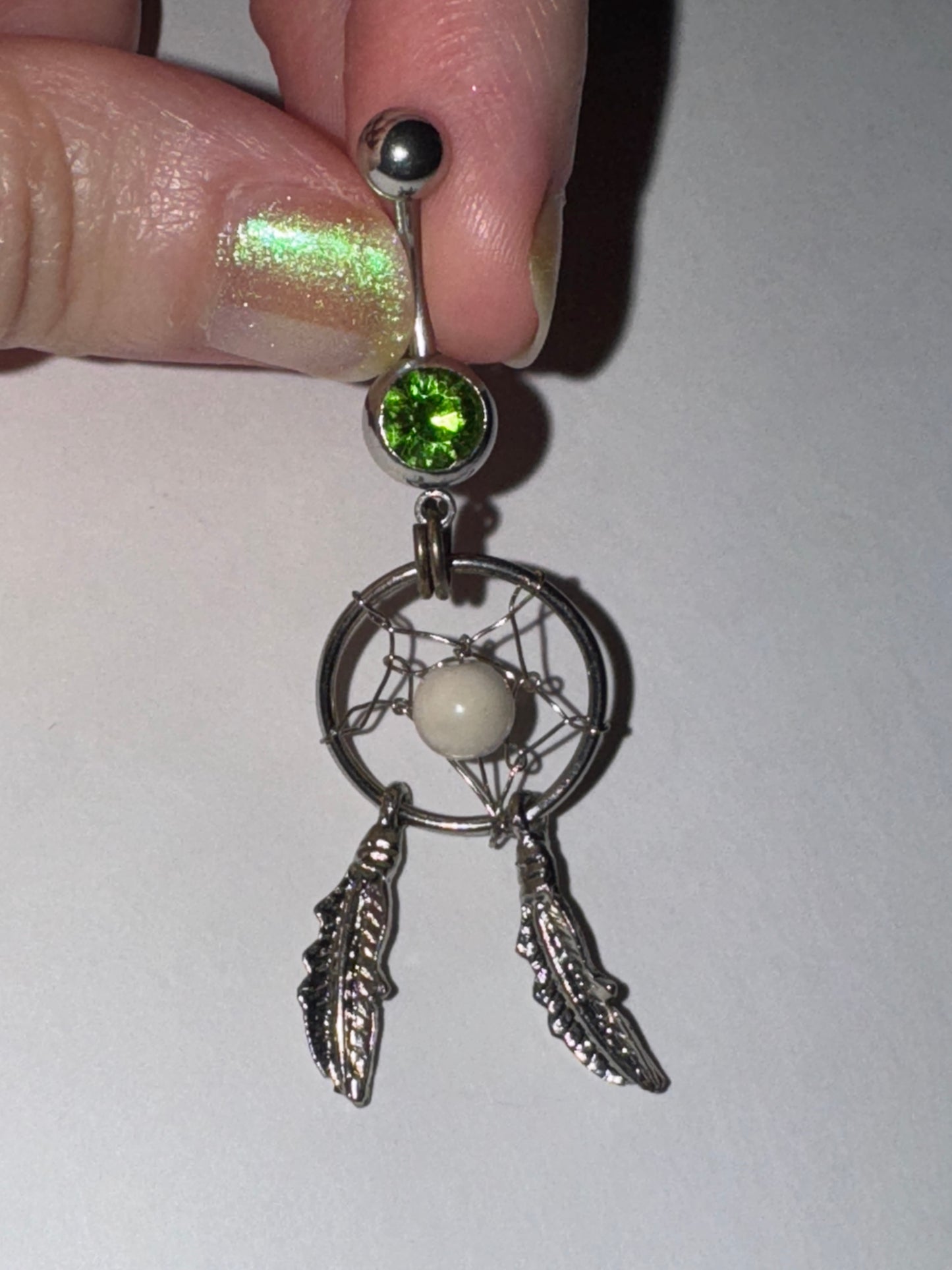 Peridot green with white bead Dream Catcher Dangle Belly Ring