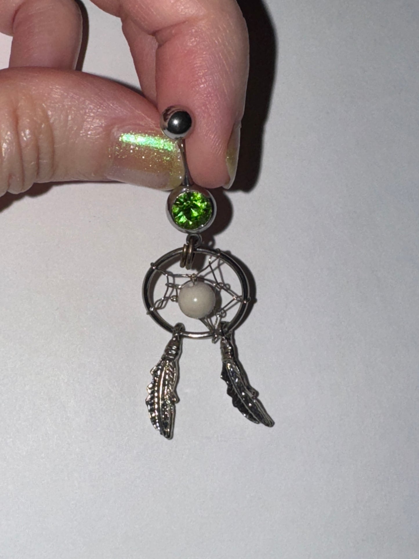 Peridot green with white bead Dream Catcher Dangle Belly Ring