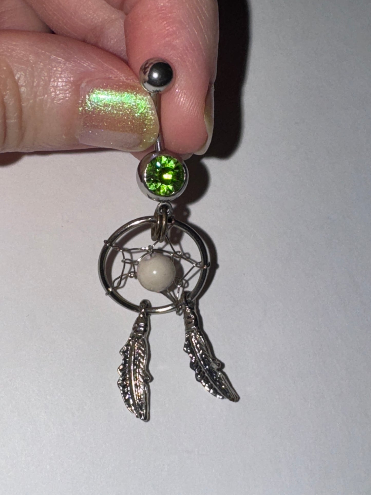 Peridot green with white bead Dream Catcher Dangle Belly Ring
