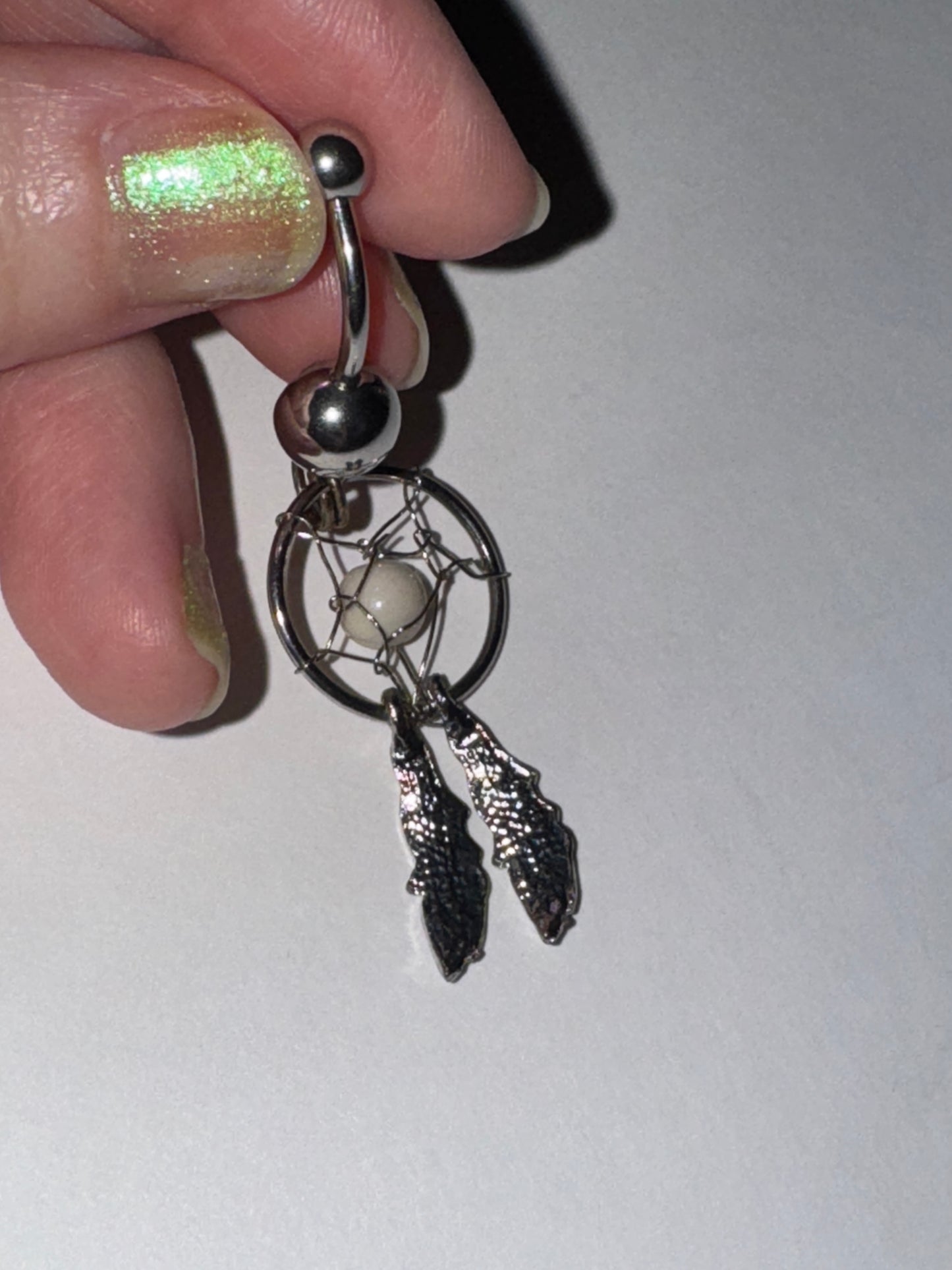 Peridot green with white bead Dream Catcher Dangle Belly Ring