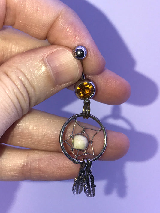 Topaz Orange gem with Cream bead Dream Catcher Dangle Belly Ring