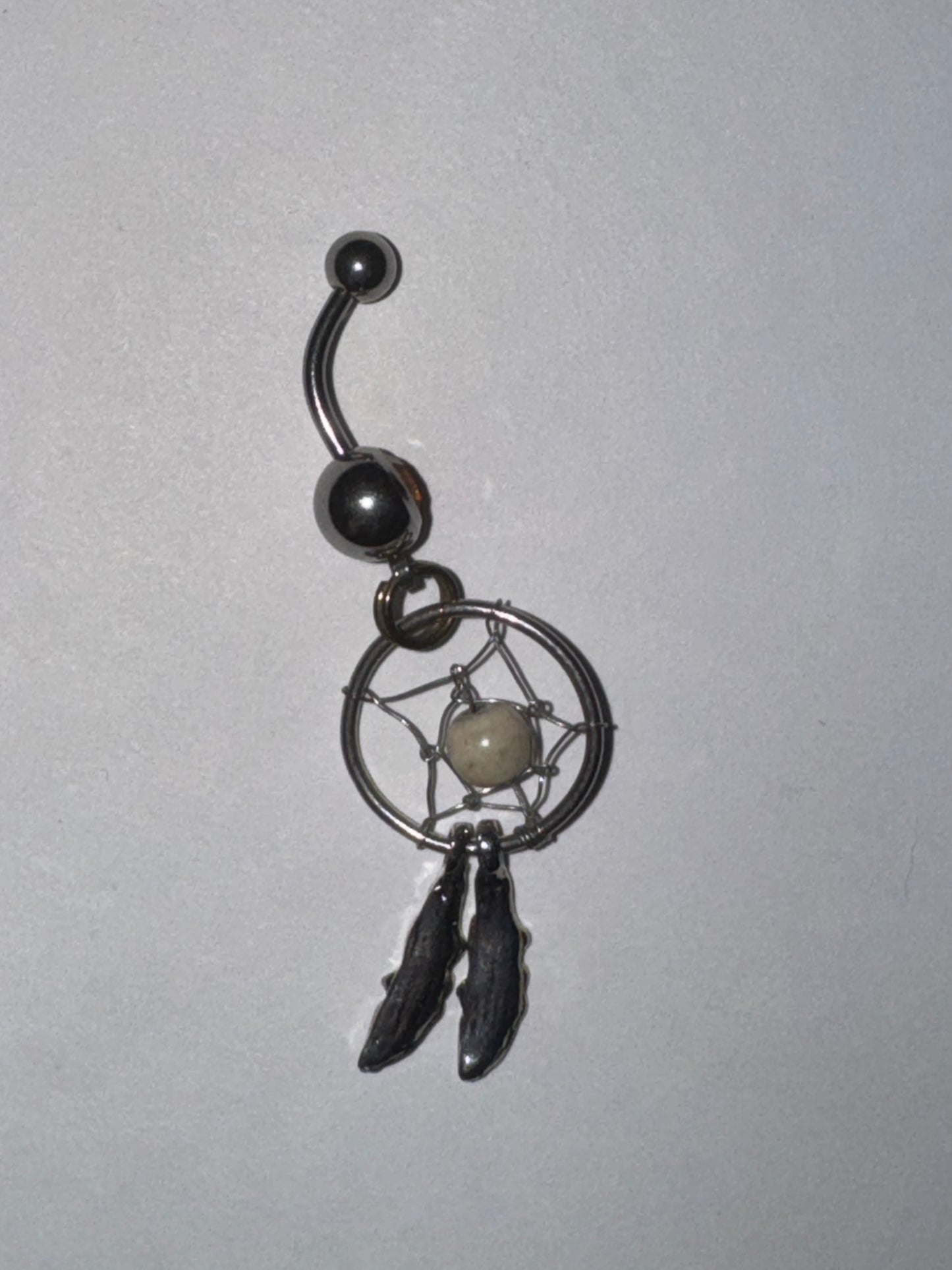 Topaz Orange gem with Cream bead Dream Catcher Dangle Belly Ring