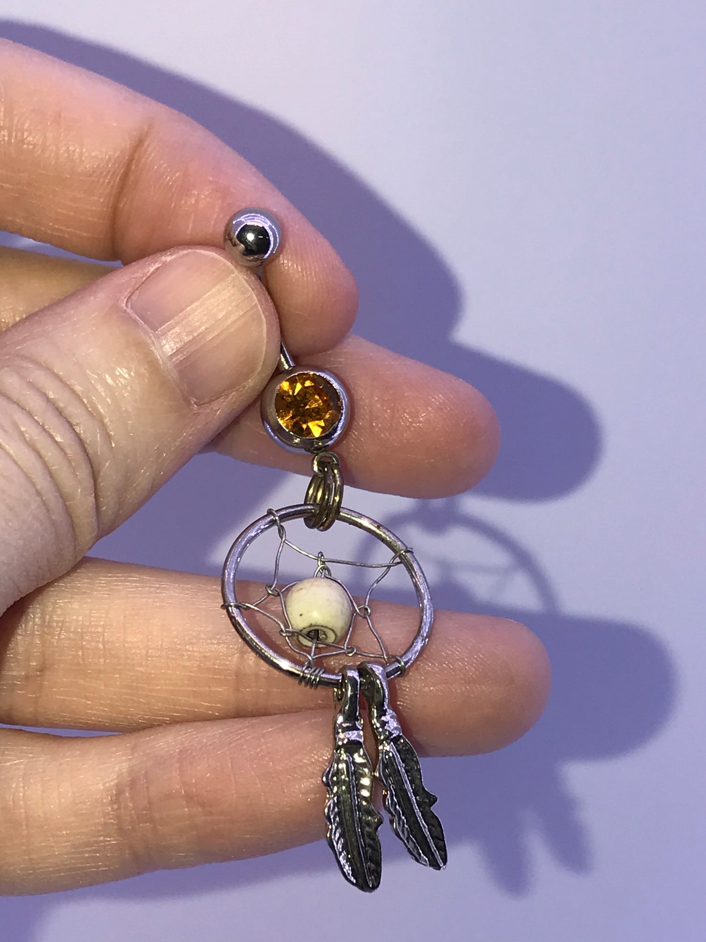 Topaz Orange gem with Cream bead Dream Catcher Dangle Belly Ring