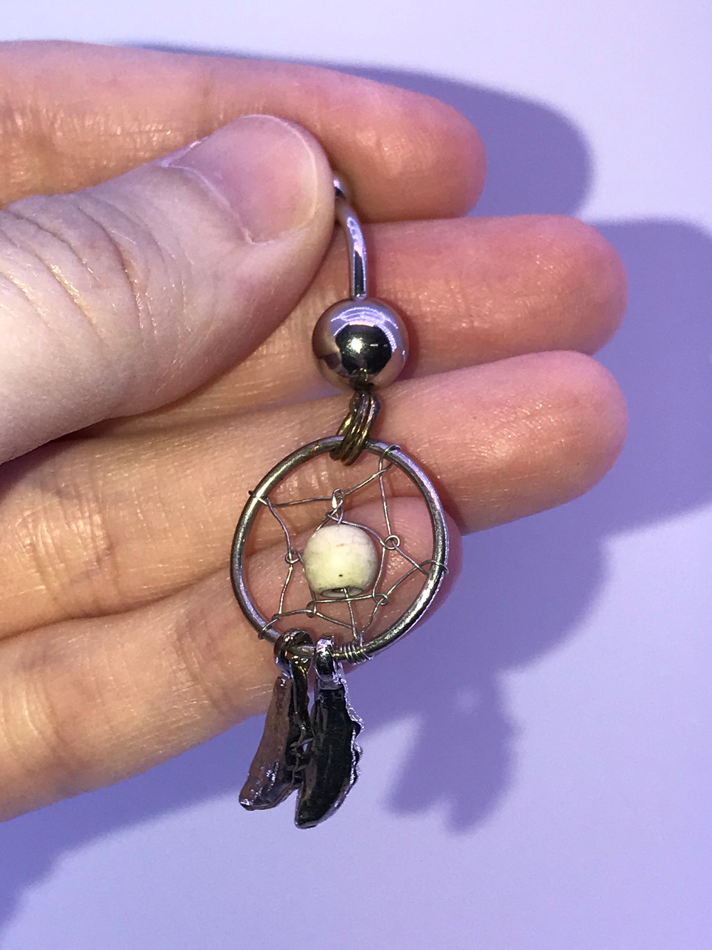 Topaz Orange gem with Cream bead Dream Catcher Dangle Belly Ring