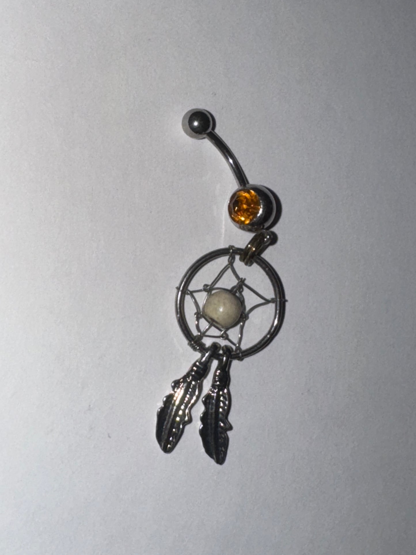 Topaz Orange gem with Cream bead Dream Catcher Dangle Belly Ring