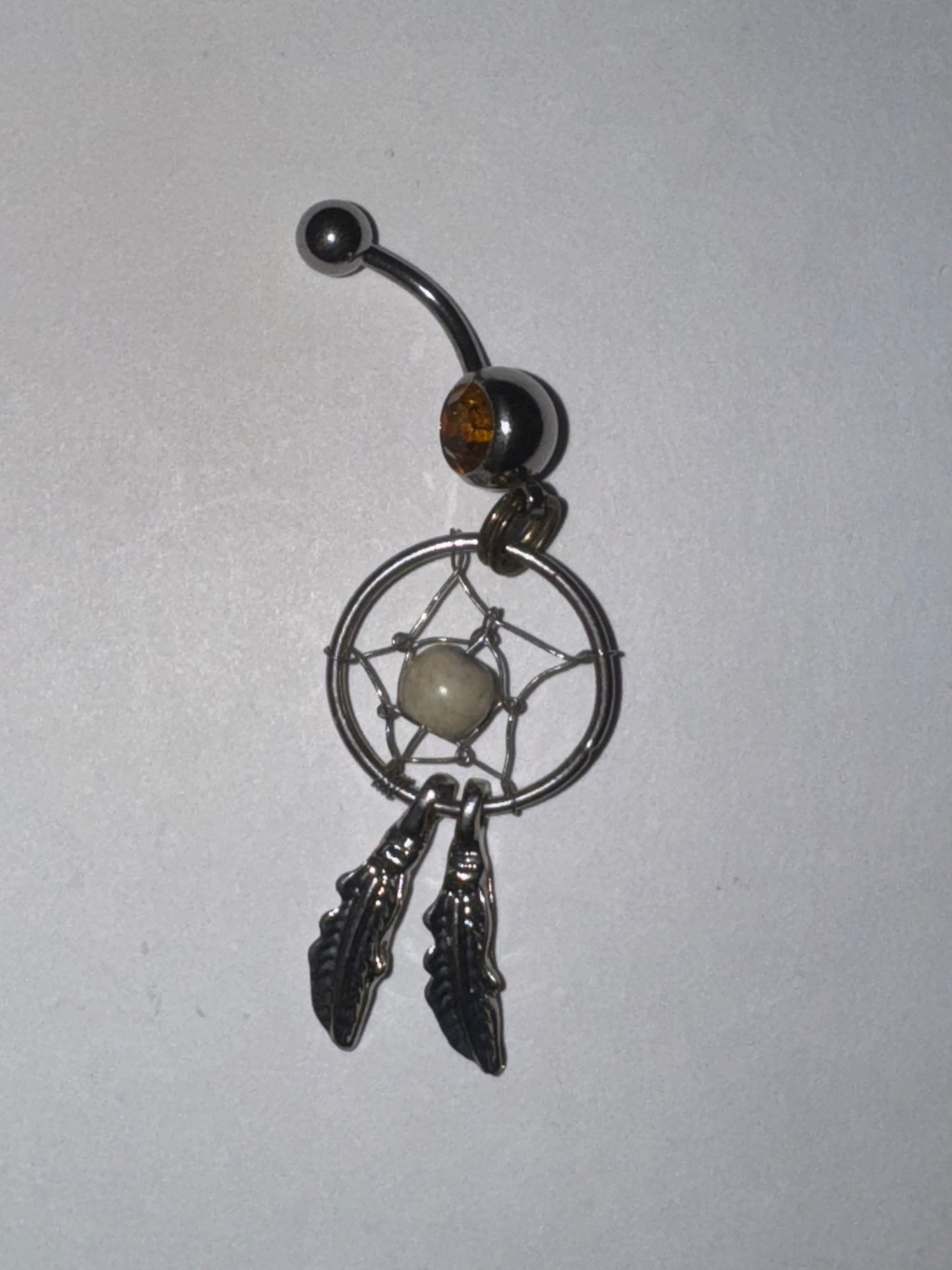 Topaz Orange gem with Cream bead Dream Catcher Dangle Belly Ring