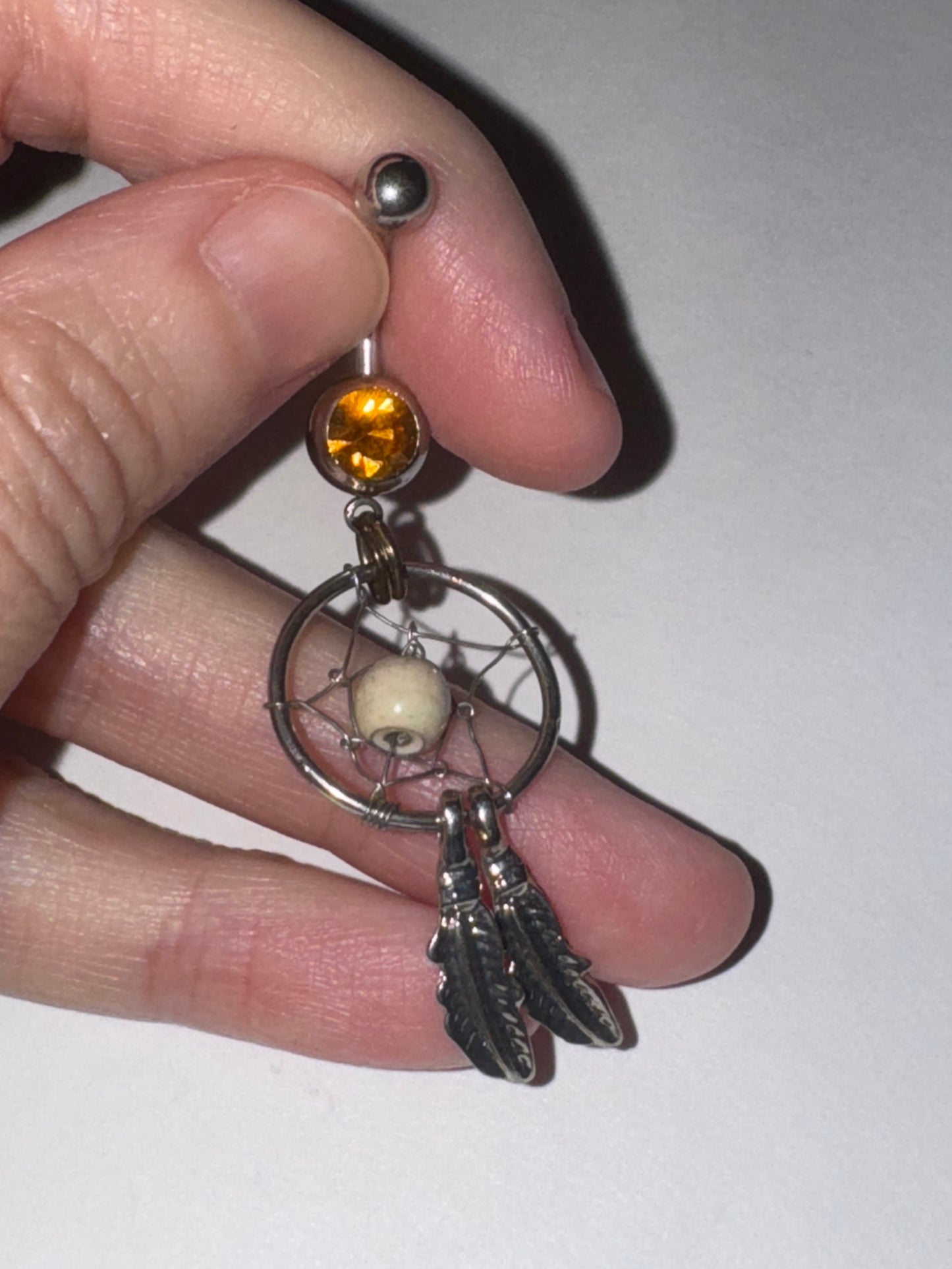 Topaz Orange gem with Cream bead Dream Catcher Dangle Belly Ring