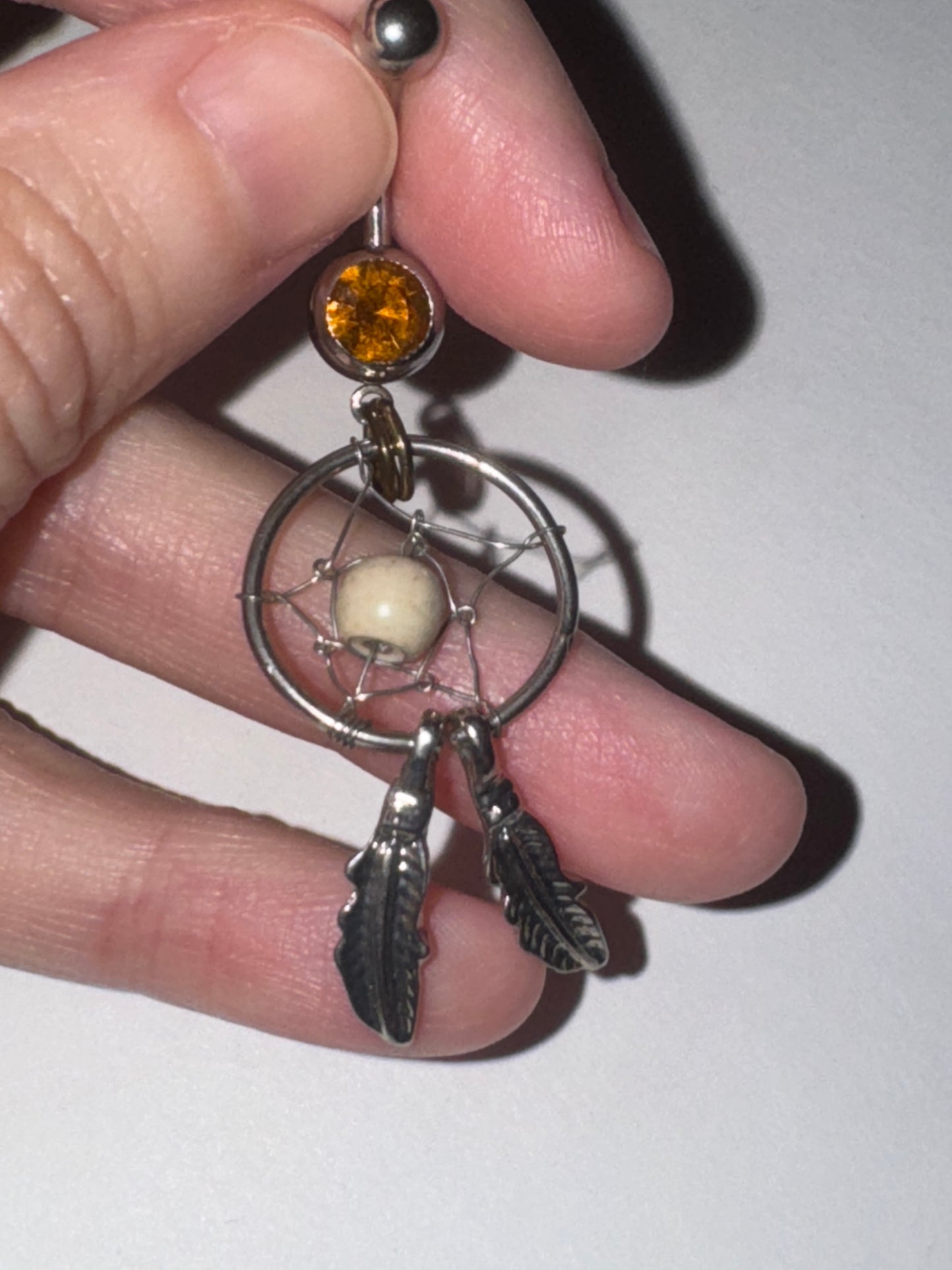 Topaz Orange gem with Cream bead Dream Catcher Dangle Belly Ring