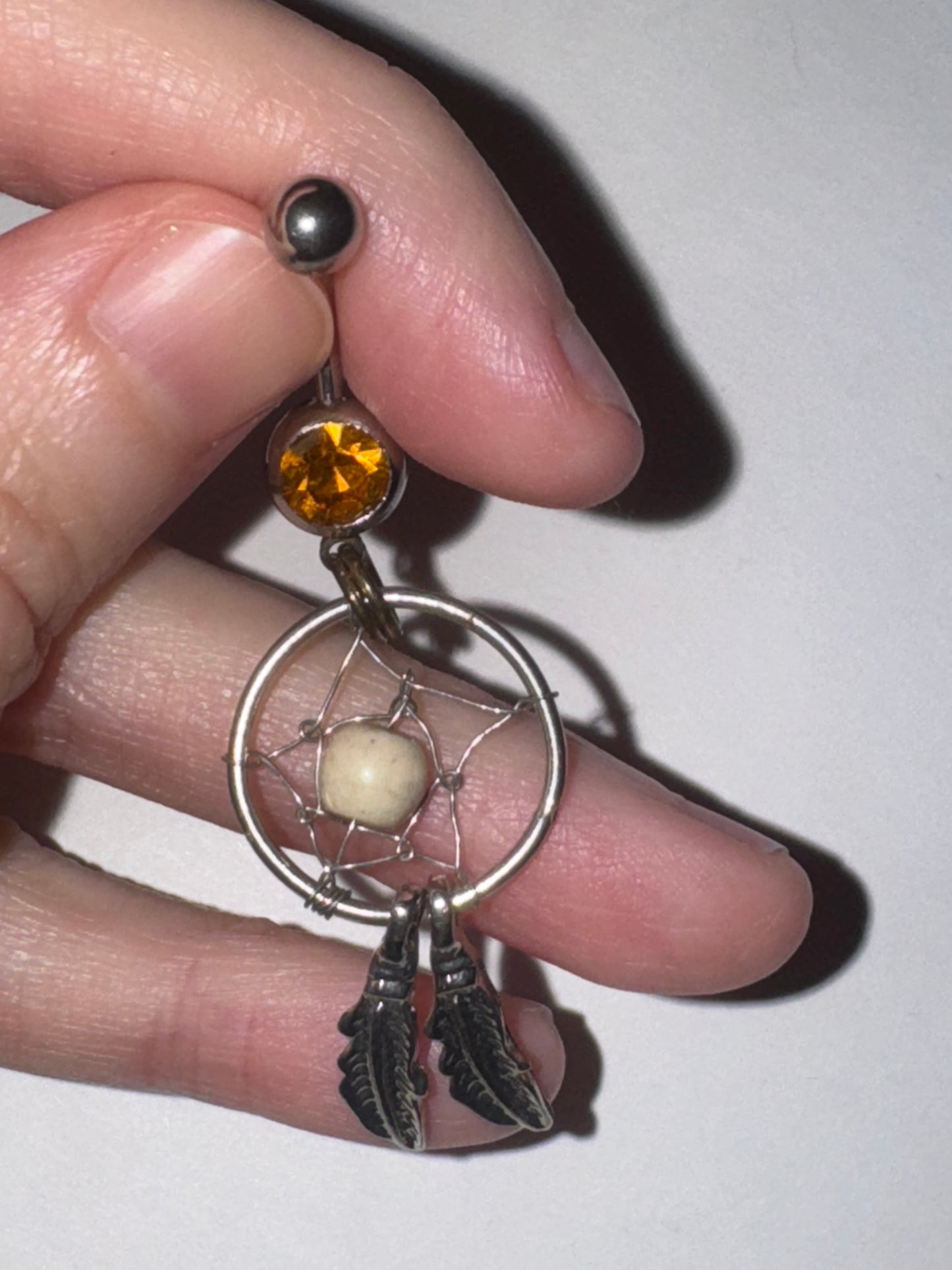 Topaz Orange gem with Cream bead Dream Catcher Dangle Belly Ring