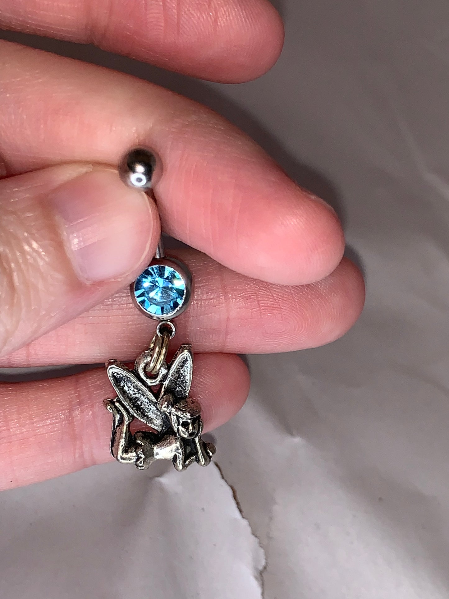 Tink Fairy with Aqua Blue gem, Fairy Design Dangle Belly Ring