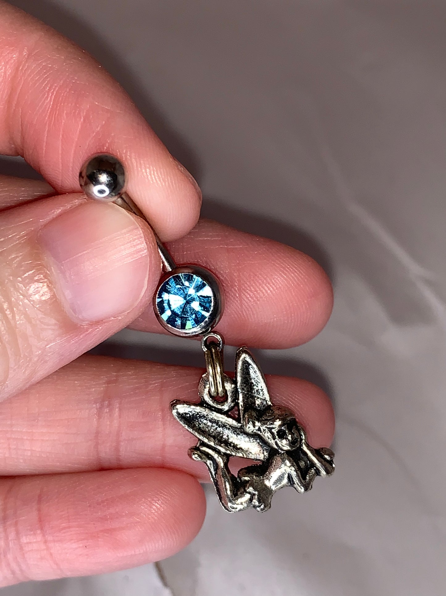 Tink Fairy with Aqua Blue gem, Fairy Design Dangle Belly Ring