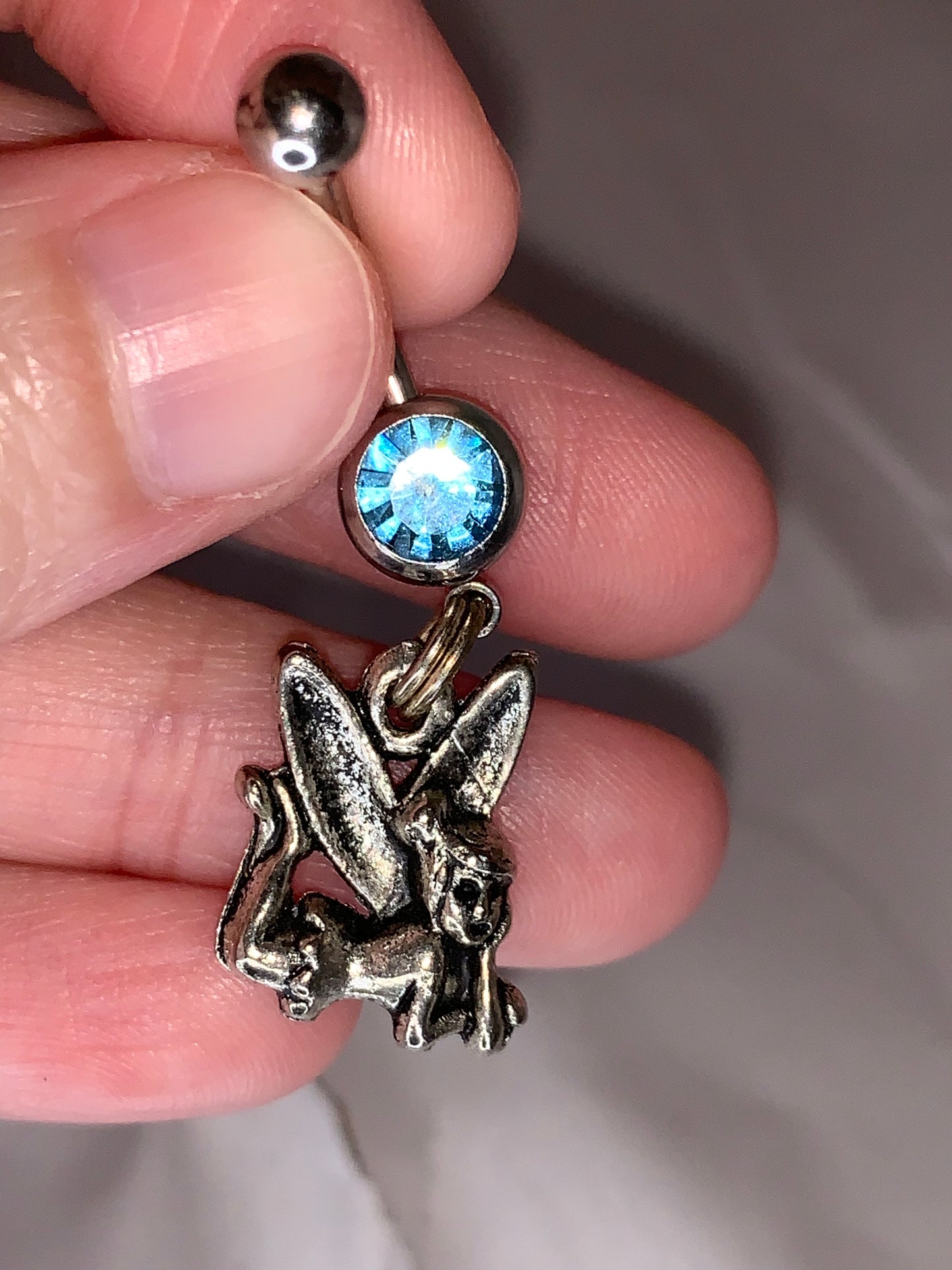 Tink Fairy with Aqua Blue gem, Fairy Design Dangle Belly Ring