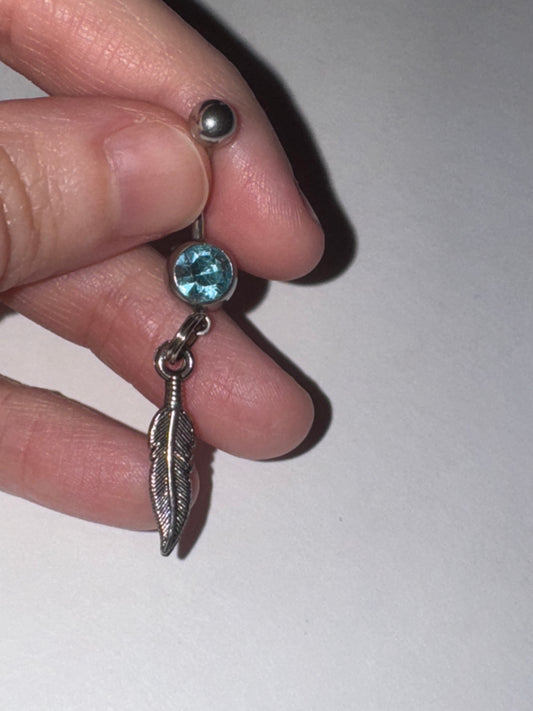 Aqua Blue Gem Feather Dangle Belly Ring
