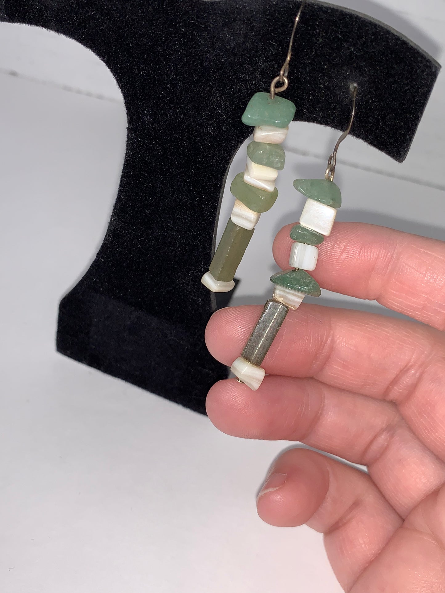 Green Aventurine, Amazonite, and Mother of Pearl Dangle Earrings