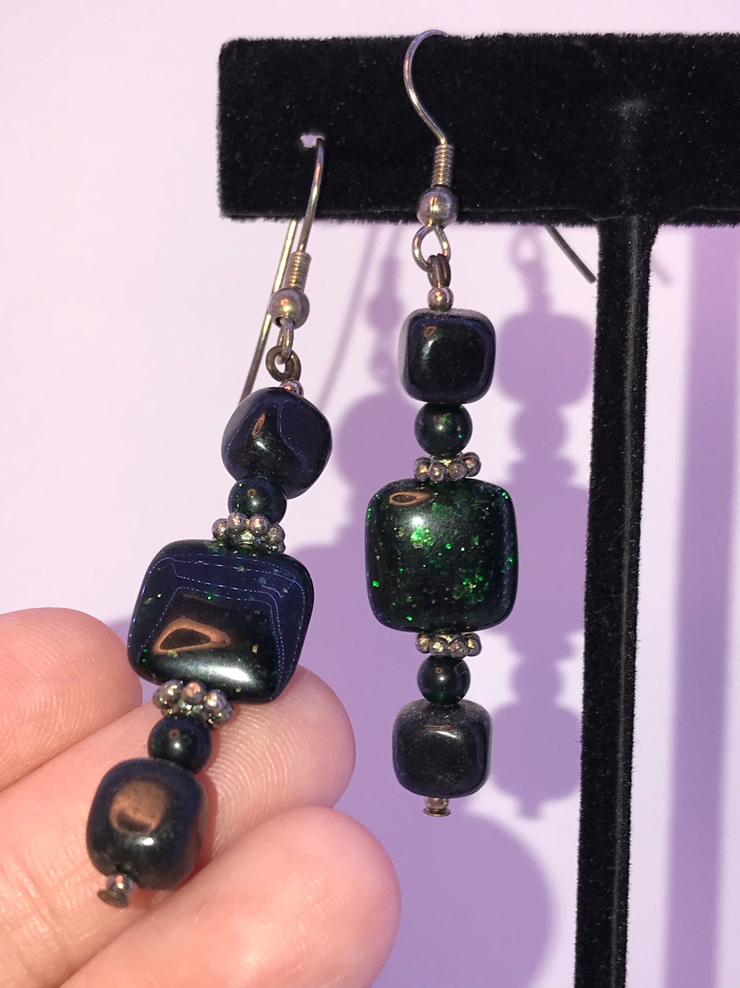Green Goldstone and Onyx Earrings
