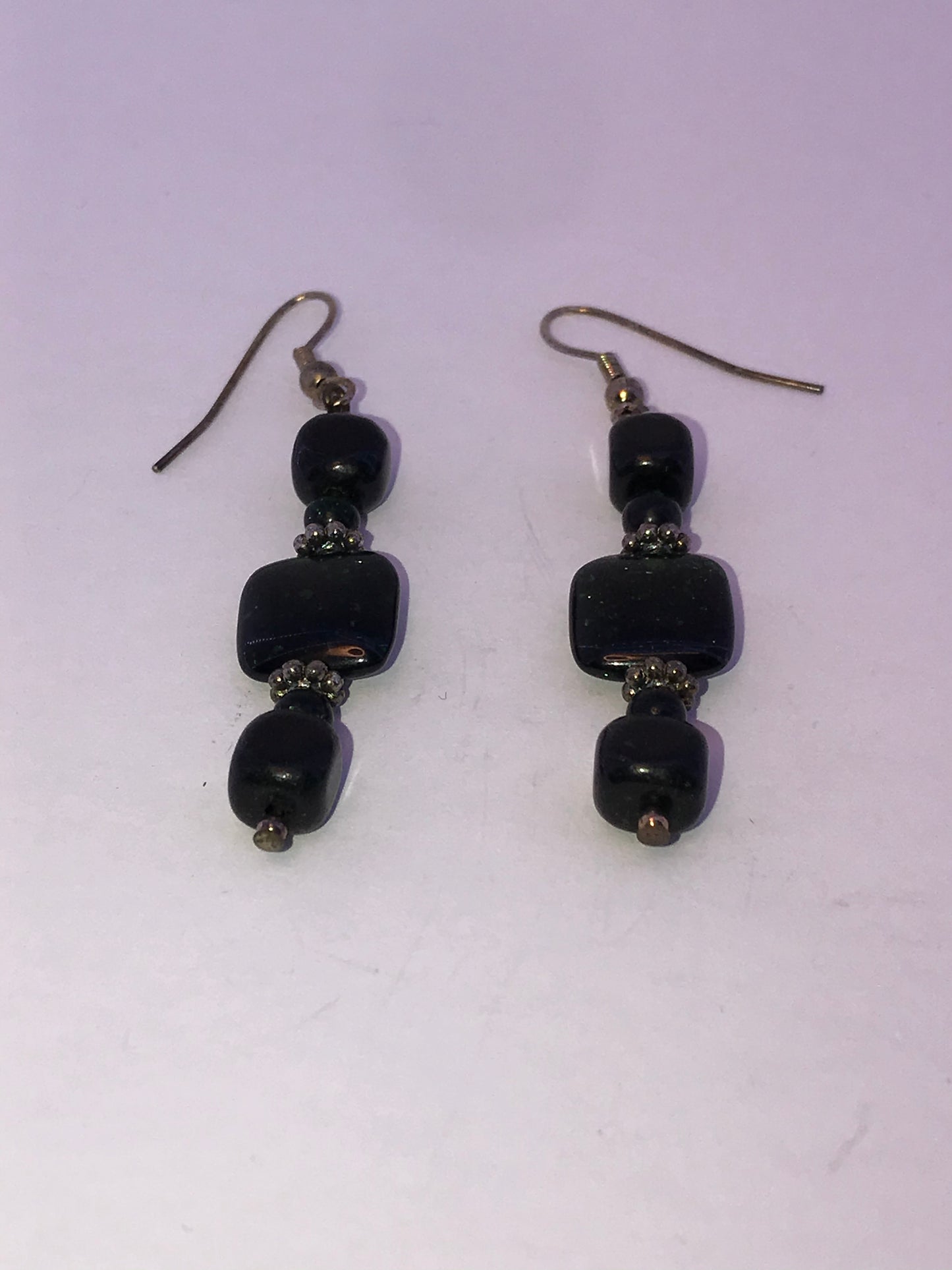 Green Goldstone and Onyx Earrings
