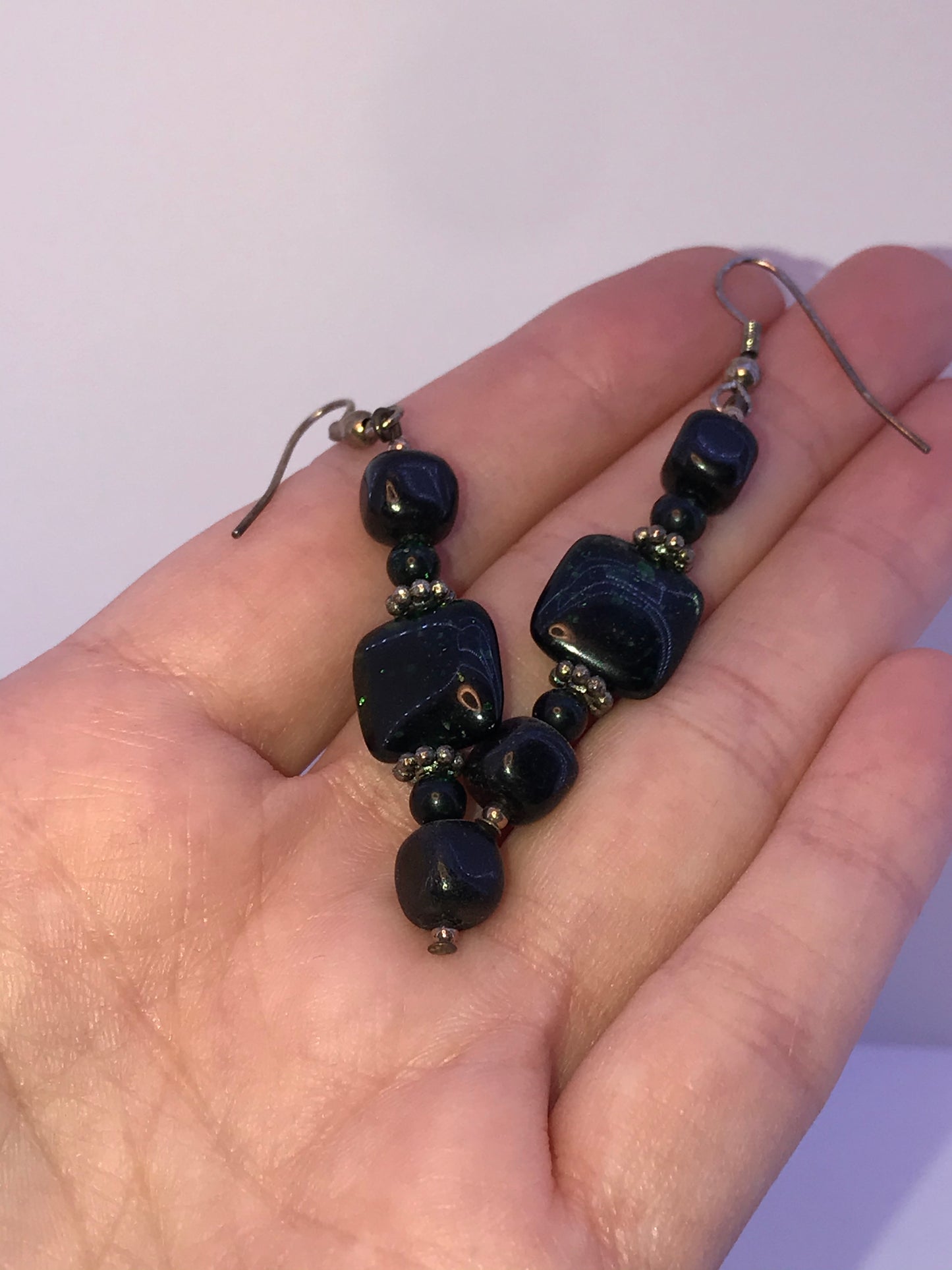Green Goldstone and Onyx Earrings