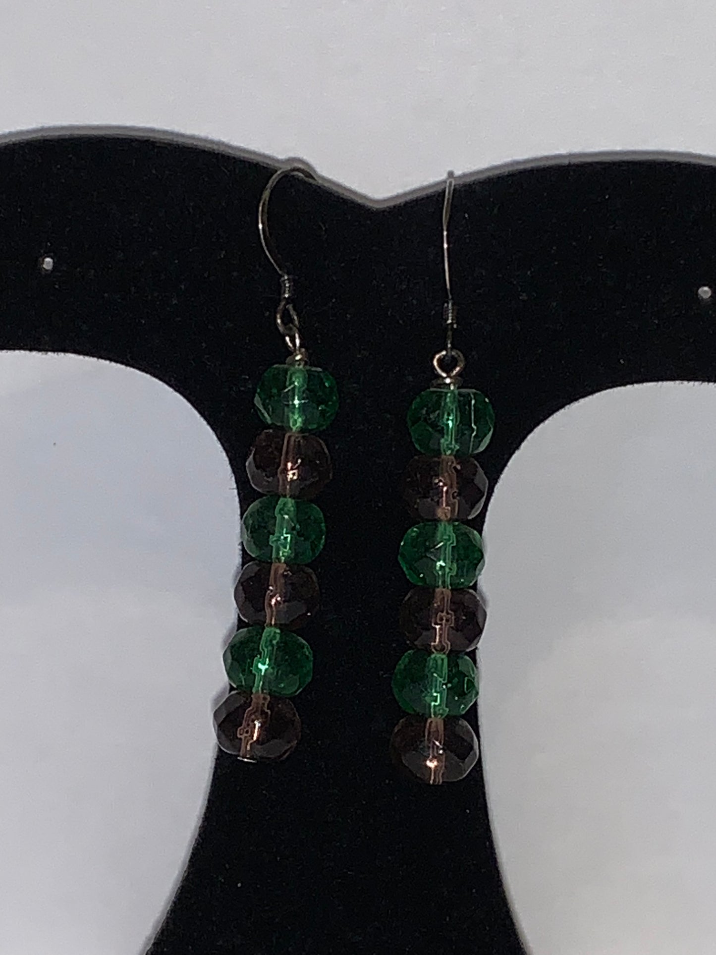 Green and Purple Czech Glass Dangle Earrings