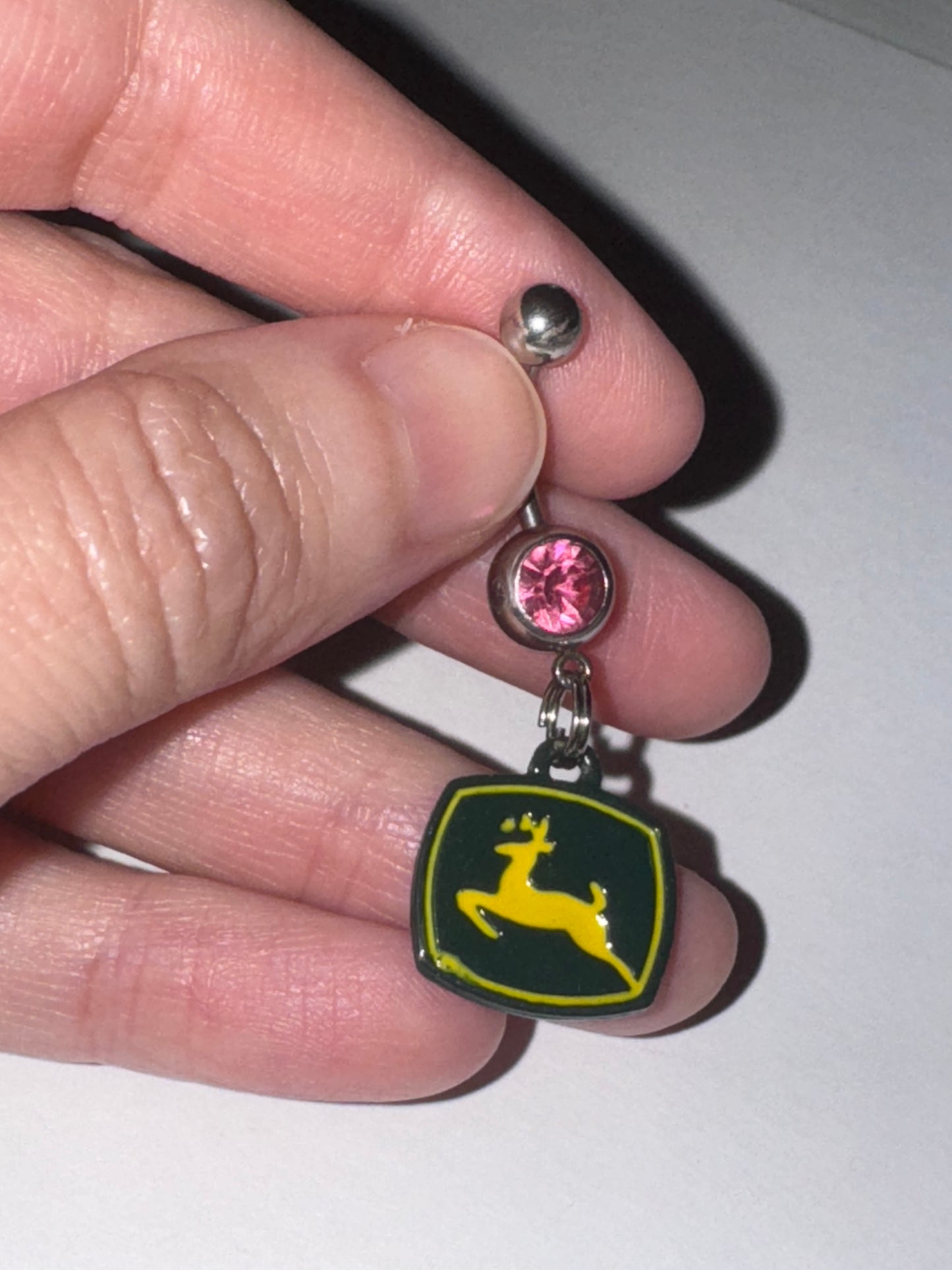 Medium Pink Gem John Deere Dangle Belly Ring