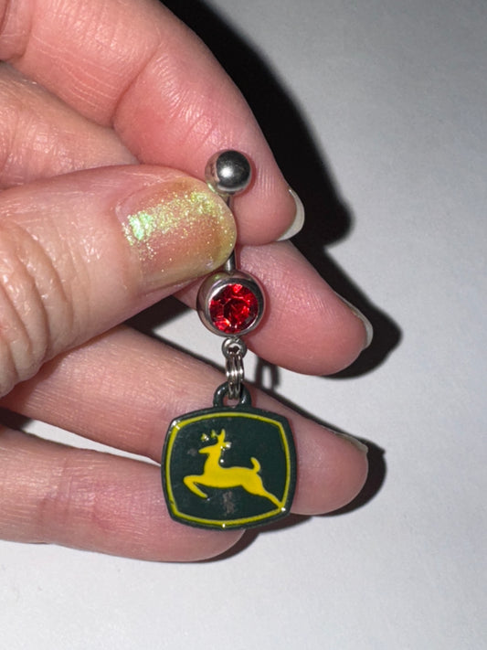Red Gem John Deere Dangle Belly Ring