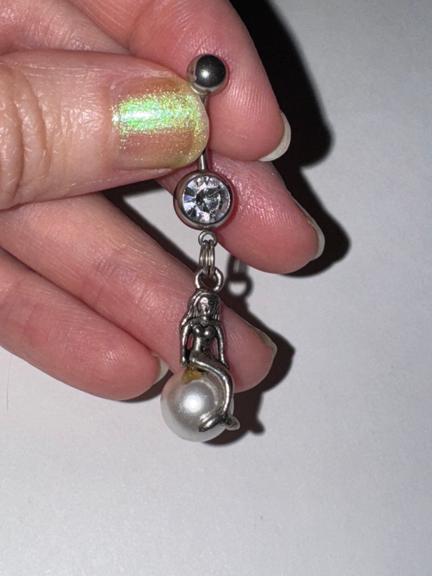 Mermaid on White Pearl Dangle Belly Ring