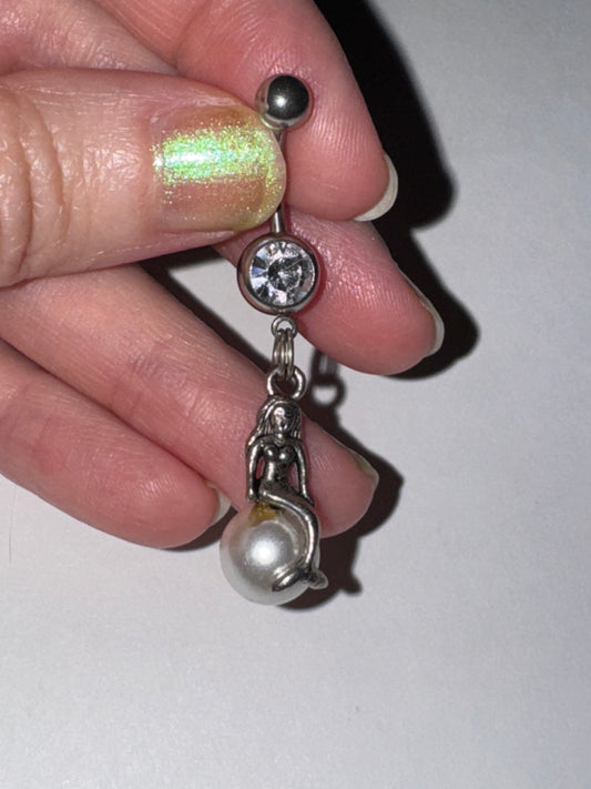 Mermaid on White Pearl Dangle Belly Ring