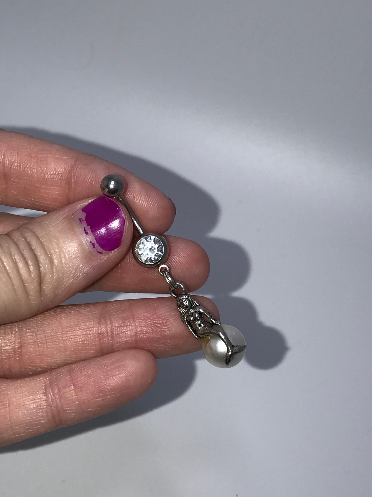 Mermaid on White Pearl Dangle Belly Ring