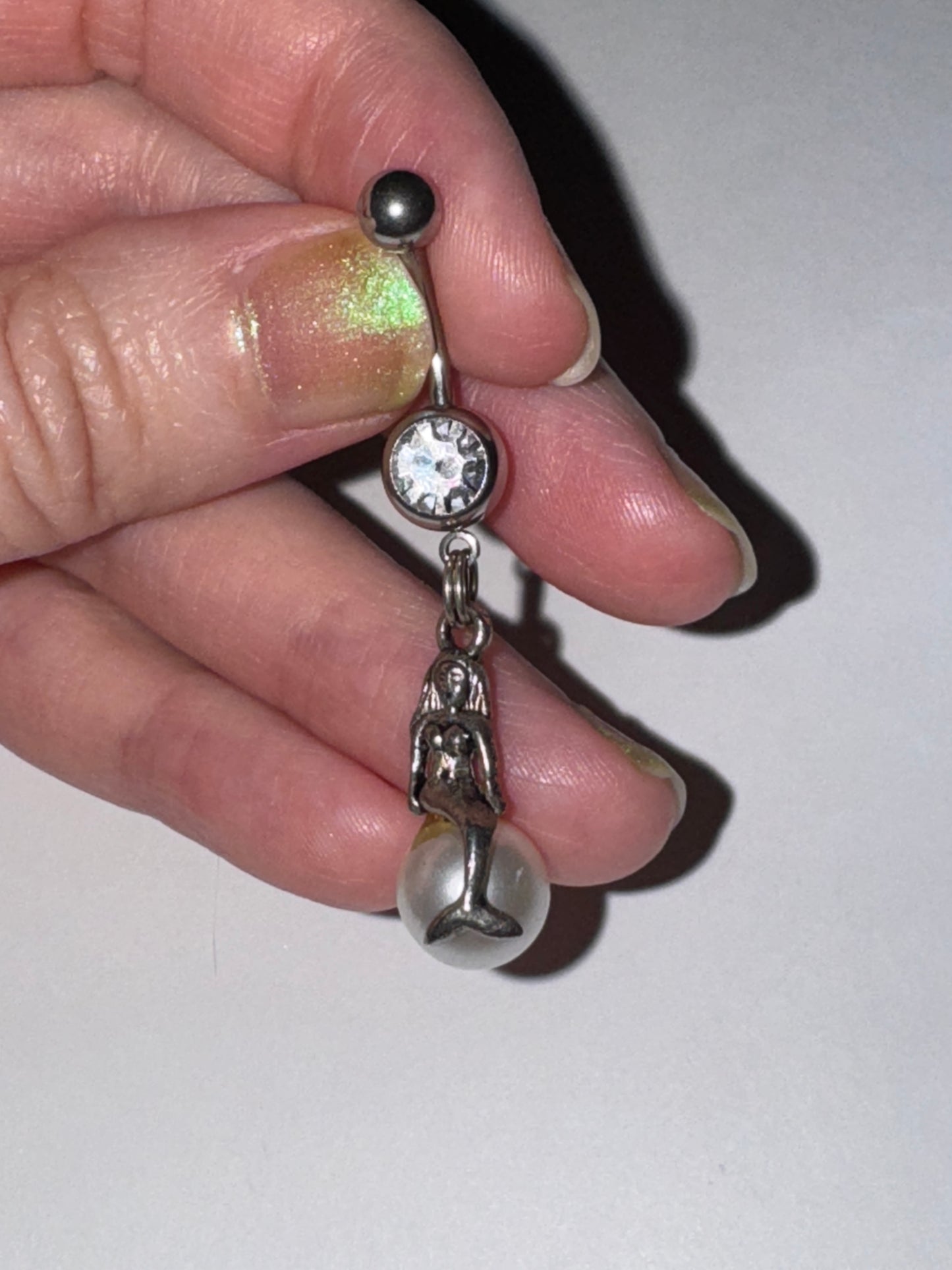 Mermaid on White Pearl Dangle Belly Ring