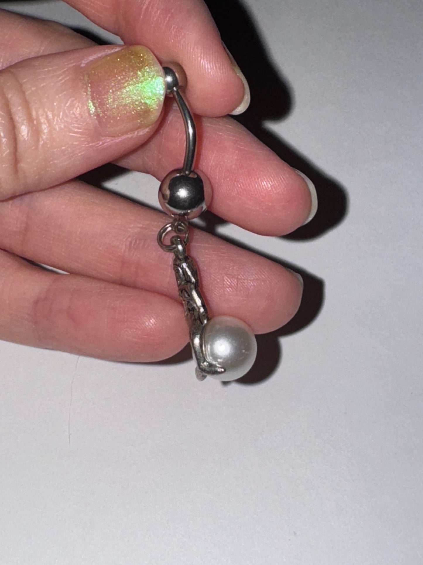 Mermaid on White Pearl Dangle Belly Ring