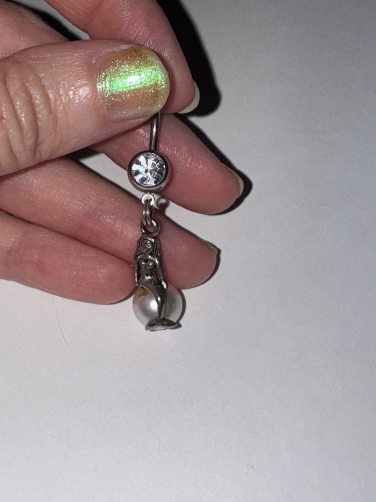 Mermaid on White Pearl Dangle Belly Ring